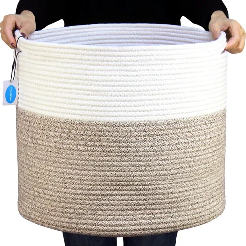 Vista 13 de Casaphoria Cesta de cuerda de algodón tejida con asa para dormitorio, cesta de almacenamiento redonda para baño, canasta grande para manta para sala