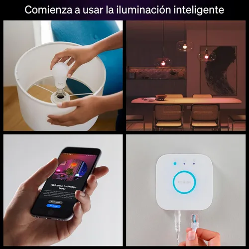 Vista 3 de Philips Hue Essential - Bombilla LED inteligente A19, ambiente blanco y color, base E26, 8.8W, 2200K-6500K, 800 lúmenes, regulable, funciona