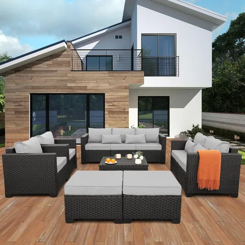 Vista 2 de Juego de muebles de patio, 7 piezas, muebles de exterior, juego de sofás seccionales de patio con mesa de almacenamiento, cojines gris claro