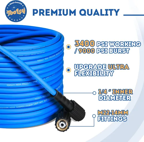 Vista 2 de TOOLCY Manguera de lavadora a presión súper flexible de 30 pies, manguera de lavadora de 3400 PSI resistente a las torceduras de 1/4 pulg., manguera