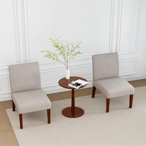 Vista 3 de Juego de 2 sillas decorativas con mesa a juego, sillas laterales tapizadas de lino de madera maciza para sala de estar, dormitorio, sala de espera