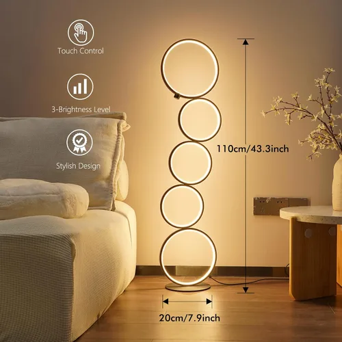 Vista 3 de NUÜR - Lámpara de pie LED de 43.3 pulgadas con 5 anillos, moderna lámpara