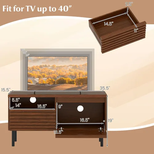 Vista 4 de Giantex Mid Century Modern TV Stand for 40 Inch TV, Fluted Entertainment Center with Cabinet, Drawer, Open Compartment, Small Media Console Table
