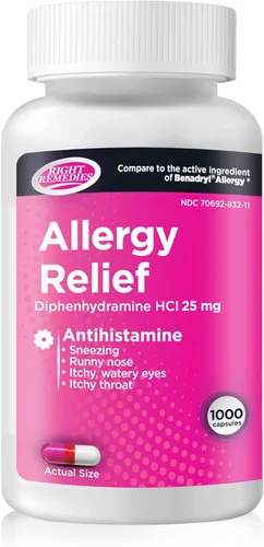 RIGHT REMEDIES Cápsulas para aliviar la alergia, antihistamínico, difenhidramina HCL 25 mg, alivia las alergias estacionales en interiores o