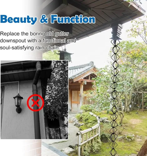 Vista 2 de Aluminum Alloy Rain Chain Rhombic, Downspout Replacement Rain Gutter Chain Rings, Black Water Guide Diverter Chains with Hook, Outdoor Hanging