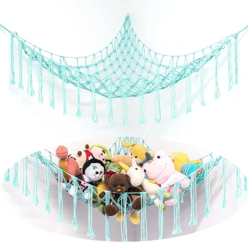 Vista 9 de Hamaca esquinera de animales de peluche, hamaca grande tejida a mano con anillos de madera, almacenamiento de animales bohemios para guardería