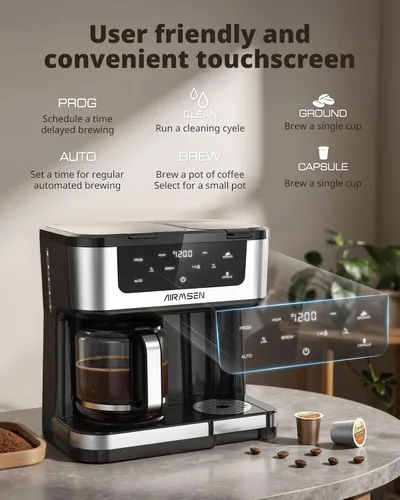 Vista 6 de AIRMSEN Cafetera Dual Programable de 12 Tazas – Máquina de una sola porción para Cápsulas K-Cup y Café Molido, 1000W de Preparación Rápida, Inicio