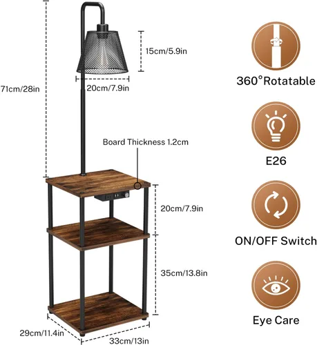 Vista 4 de Lámpara de pie con mesa, mesa auxiliar con puerto de carga USB y tomacorriente, moderna mesita de noche con luz de pie para sala de estar