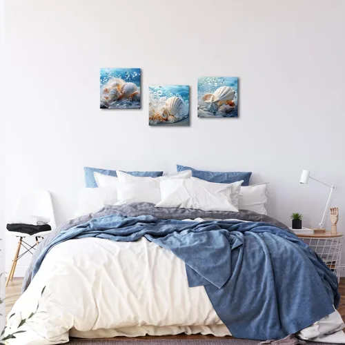 Vista 5 de Canvbay 3 piezas de arte de pared de conchas marinas, impresiones en lienzo con temática de playa azul, cuadros de pintura costera, conchas marinas