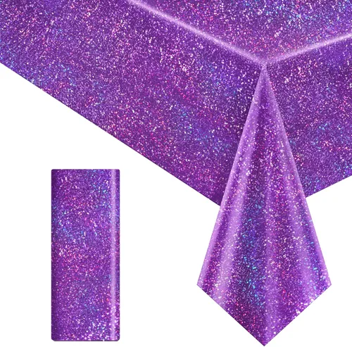 Vista 26 de 4 piezas de manteles holográficos láser morados iridiscentes brillantes, cubiertas de mesa de 40" x 108", manteles rectangulares desechables