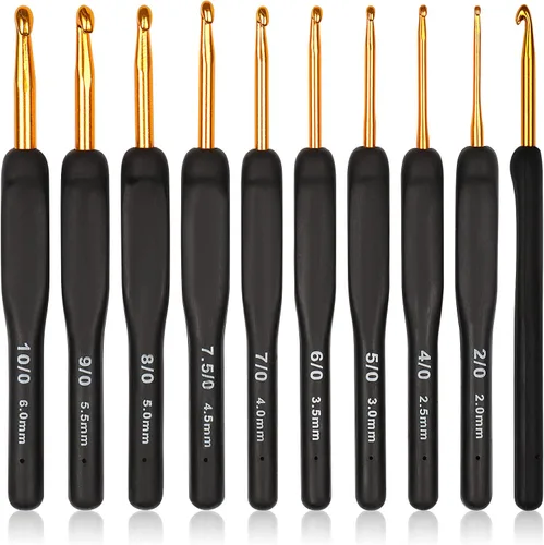 Coopay Agujas de ganchillo de oro negro para manos artríticas, juego de ganchos de ganchillo de 0.08 a 0.236 pulgadas (2.0 a 0.236 in) ergonómico