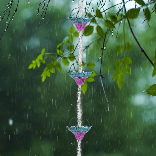 Vista 6 de Cadenas de lluvia de 10 pies para exterior, cadena de canalón de lluvia con 12 copas de flores, cadena de captura de agua de lluvia ajustable