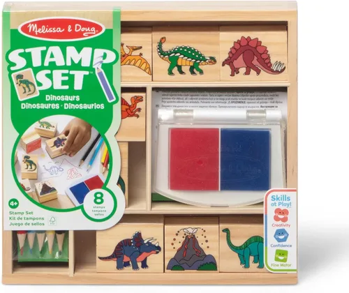 Melissa & Doug Juego de sellos de madera: dinosaurios - 8 sellos, 5 lápices de colores, almohadilla de sellos de 2 colores - Certificado FSC