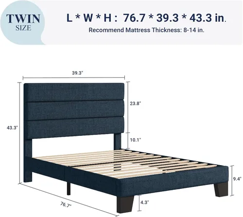 Vista 85 de Allewie - Base de cama tamaño King con cabecera tapizada en tela y soporte de listones de madera; base de colchón completamente tapizada; no Azul