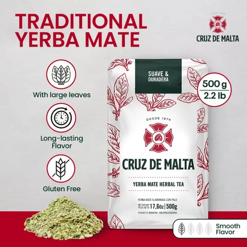 Vista 4 de Yerba mate Cruz de Malta – 500gr (1.1 lbs) Hoja suelta – Té herbal argentino tradicional – Sabor suave, de origen natural – Embalaje específico