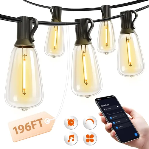 addlon Tira de luces para exteriores de 196 pies para exteriores con control de aplicación, luces impermeables para patio con bombillas LED Edison