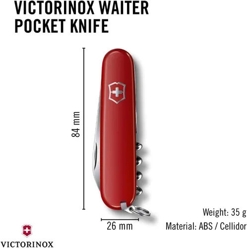 Vista 3 de Victorinox Waiter Swiss Army Knife, 9 Function Swiss Made Pocket Knife with Large Blade, Corkscrew and Bottle Opener - Red