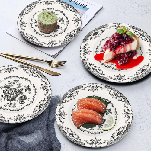 Vista 7 de Platos de ensalada, juego de 6 platos de cerámica de 8.5 pulgadas, plato de cocina apto para microondas, plato de porcelana blanca para postre, Negro