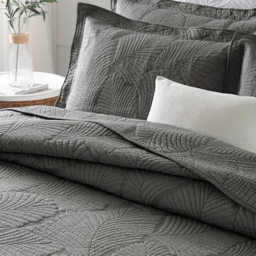 Vista 2 de mixinni - Juego de colchas de algodón suave con patrón de palmera gris para él y ella - Tamaño Queen 3 - Hojas de palmera-gris