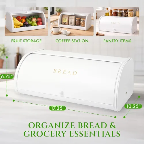 Vista 5 de FINESSY Panera para encimera de cocina, contenedor de pan, panera para pan, cajas de pan de granja para encimera de cocina (blanco de lujo, grande)