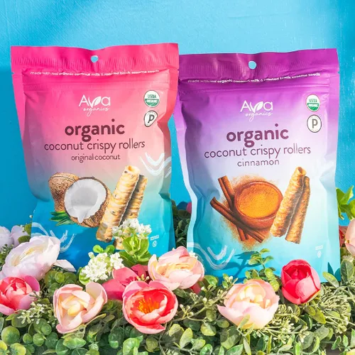 Vista 7 de Rodillos crujientes de canela y coco (bolsas de 2.8 onzas) Ava Organics - Sin gluten, sin OGM, kosher, vegetariano y certificado paleo, chips