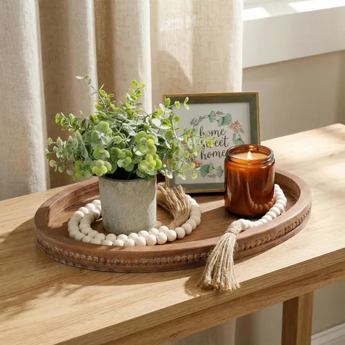 Vista 7 de Bandeja decorativa de madera ovalada de 16 x 11.8 pulgadas con guirnalda de cuentas de 58 pulgadas, mesa de centro de granja y decoración de isla