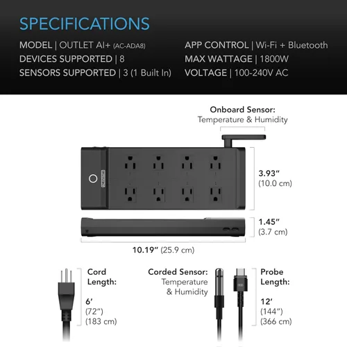 Vista 7 de AC Infinity Outlet AI+, Controlador de Ambiente, Cargador Inteligente WiFi, Humedad y Temperatura de Doble Zona, Control Individual 8 Enchufes