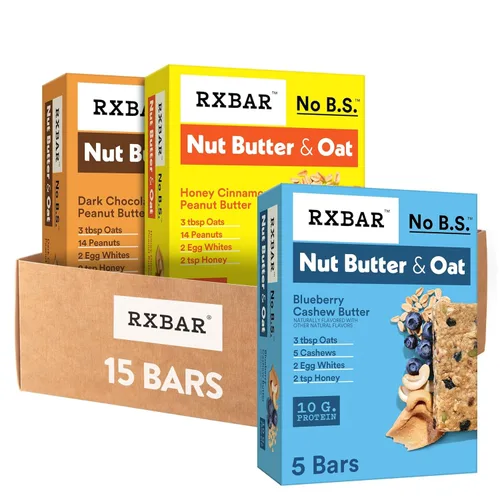 Barras de proteína de mantequilla de nuez y avena RXBAR, snack de proteína, barras de snack, paquete de variedad (3 cajas, 15 barras)