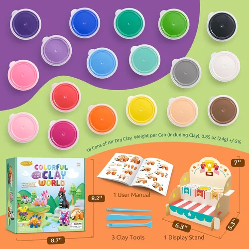 Vista 2 de Kit de arcilla seca Drama Planet para niños - 18 latas de arcilla para modelar, guía de 46 páginas con 26 tutoriales de personajes, gran regalo