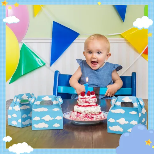 Vista 7 de Tinlade Cajas de golosinas de cielo azul con nubes blancas, bolsa de dulces a dos aguas de dibujos animados, suministros de fiesta temática