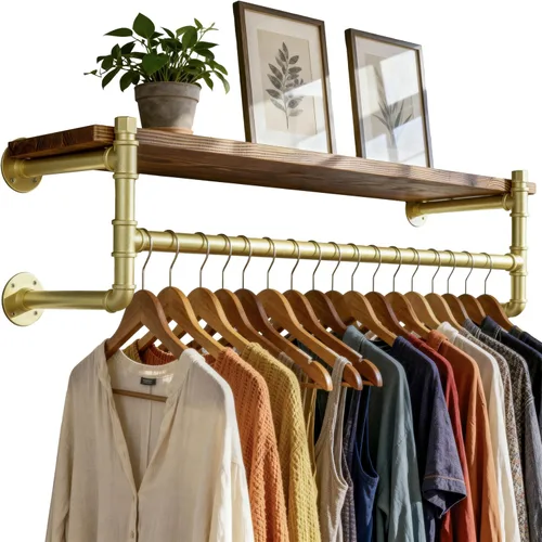 Vista 14 de WEBI Perchero de pared con estante, perchero industrial de 24 pulgadas con estantes, barra de ropa de hierro resistente, barra de ropa de exhibición