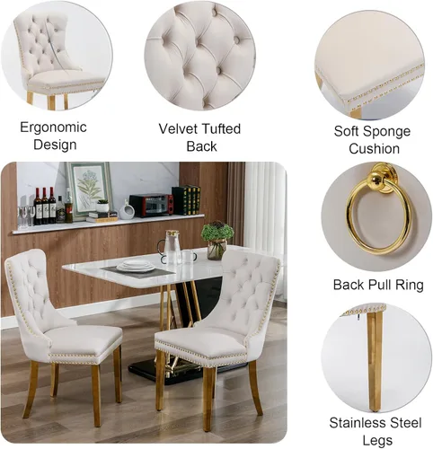 Vista 7 de Mesa de comedor de mármol blanco y dorado de 68.11 pulgadas con 4 sillas de comedor de terciopelo beige, juego de mesa de comedor de mármol