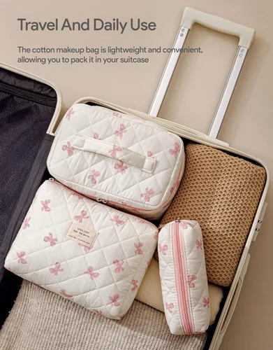 Vista 49 de HBselect Bolsa de maquillaje acolchada, 3 piezas de algodón grande, bolsa de maquillaje de viaje, bonita bolsa de maquillaje floral de coqueta