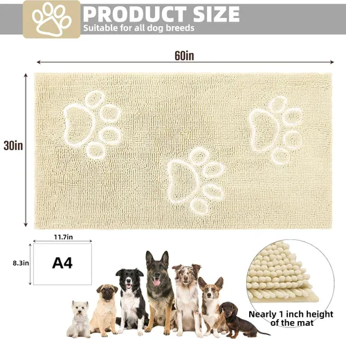 Vista 2 de PUPTECK Tapete para perro sucio de 60 x 30 pulgadas, microfibra súper absorbente, parte trasera antideslizante, color beige