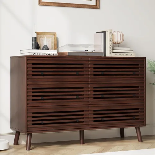 Vista 9 de Furnify Cómoda de 5 cajones para dormitorio, cómoda de listones moderna de mediados de siglo, cómoda de madera organizadora para dormitorio, sala