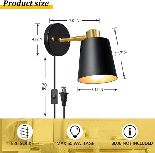 Vista 3 de Yollzey Apliques de pared enchufables, lámpara de pared negra de ángulo giratorio con cable de enchufe, luz de lectura industrial vintage de metal