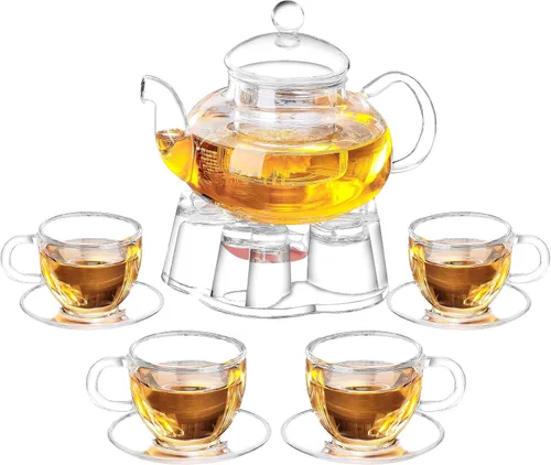 Vista 4 de Jusalpha Tetera de vidrio con un conjunto calentador y 6 tazas de té, Transparente