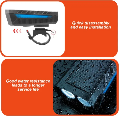 Vista 5 de Luz delantera para bicicleta, luces USB y luz solar recargable frontal con bocina súper brillante impermeable 3 modos de linterna para ciclismo
