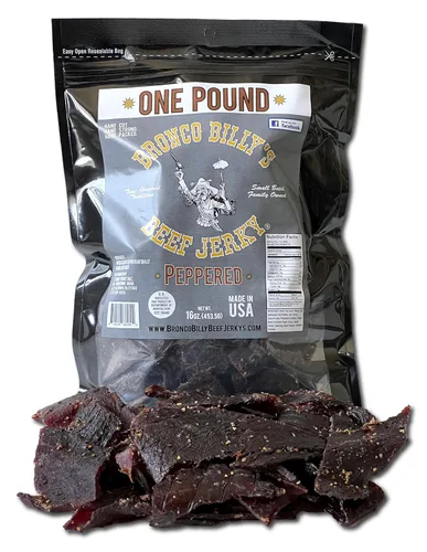 Vista 18 de Bolsa resellable de media libra de carne de res con sabor a bourbon Bronco Billy's Beef Jerky