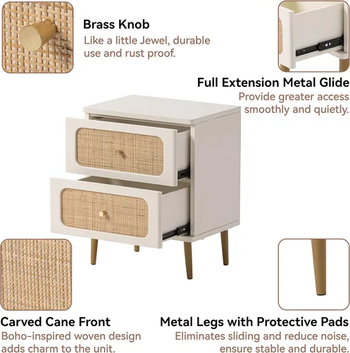 Vista 30 de LONYKE Cómoda de mimbre de ratán, cómoda de 3 cajones, gabinete de almacenamiento de madera con acabado blanco crema, mesa decorativa moderna