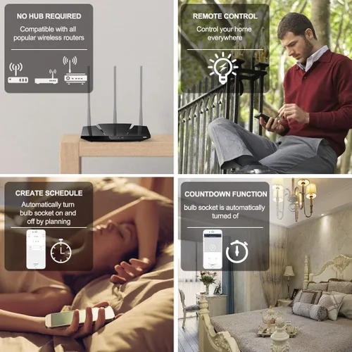 Vista 4 de QIACHIP Adaptador de bombilla inteligente WiFi E26 E27, soporte de base de lámpara de control remoto inalámbrico inteligente de 2.4G, temporizador