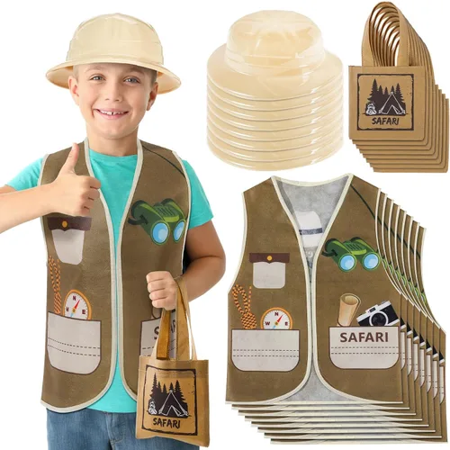 Geyoga 24 piezas de disfraces de explorador de safari para niños, incluye 8 chalecos de safari y 8 bolsas de plástico para sombreros, traje de