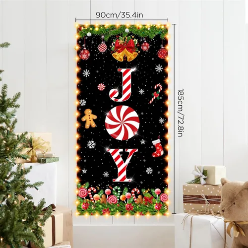 Vista 6 de JOY - Cubierta de puerta de Navidad con luces LED, decoración de puerta de caramelo de menta de Navidad para puerta delantera, piruleta, copo