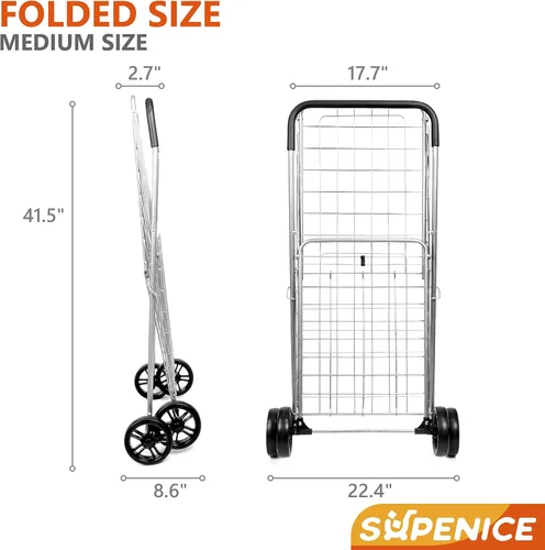 Vista 4 de Carrito de compras de comestibles – Carrito utilitario de lujo con cesta de gran tamaño e instalación sin herramientas, carrito plegable ligero