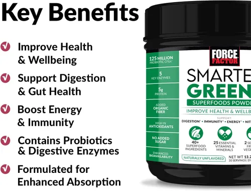 Vista 2 de FORCE FACTOR Smarter Greens Superfoods en polvo, paquete de 3, polvo verde con probióticos, enzimas digestivas, antioxidantes y fibra, polvo