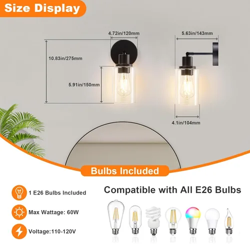 Vista 7 de DLLT Juego de dos apliques de pared: modernas lámparas de tocador de baño - Lámparas de tocador color negro mate con pantalla de vidrio transparente