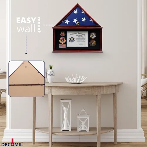 Vista 2 de DECOMIL - Marco de caja de sombra militar grande para bandera de 5 x 9 pulgadas, madera maciza con placa de nombre personalizada (ejército)