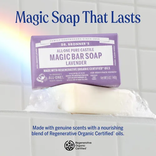 Vista 2 de Barra de jabón mágico puro de castilla Dr. Bronner's - Hecho con aceites certificados orgánicos regenerativos - Para cara, cuerpo, cabello, barras