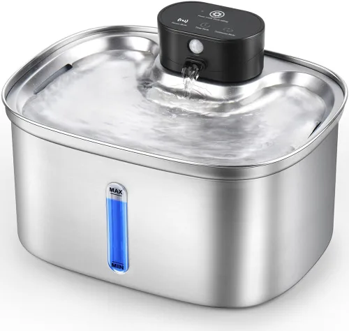 Fuente de agua automática de acero inoxidable de 5L/169oz para gatos y perros, fuente de agua inalámbrica para gatos y perros con batería recargable