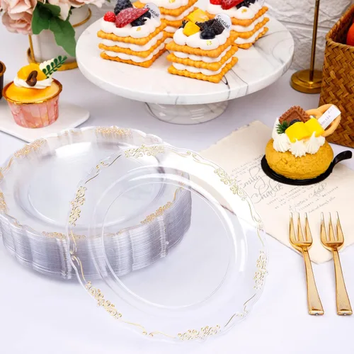 Vista 7 de LIYH 200 Piezas Platos de Postre de Plástico Transparente Dorado 7.5" y Tenedores para Pastel 5" - Platos de Plástico Pequeños Transparentes